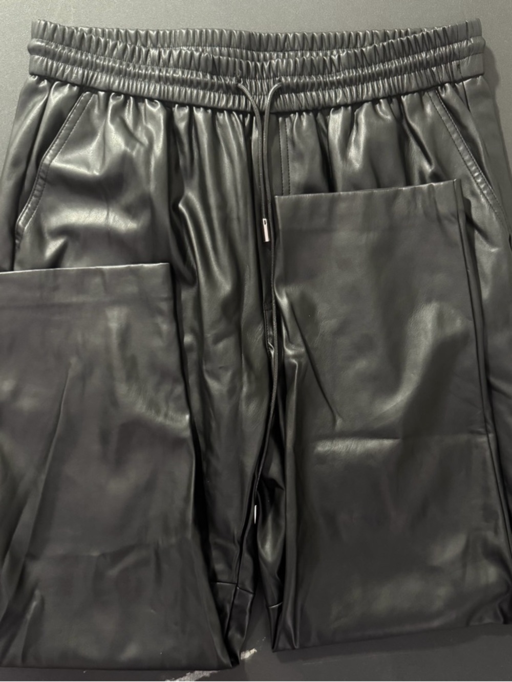 Mango Men's Black Faux Leather Joggers with Drawstring